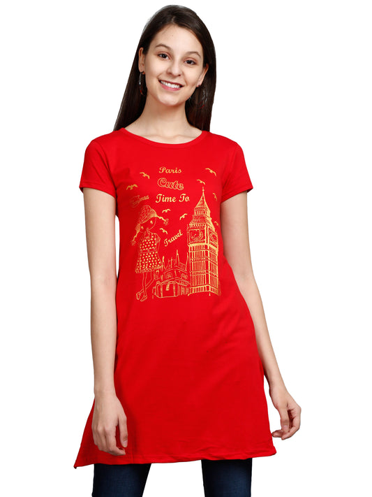 Women's Cotton Round Neck Red Color Long Top Chest Printed with Side Cut