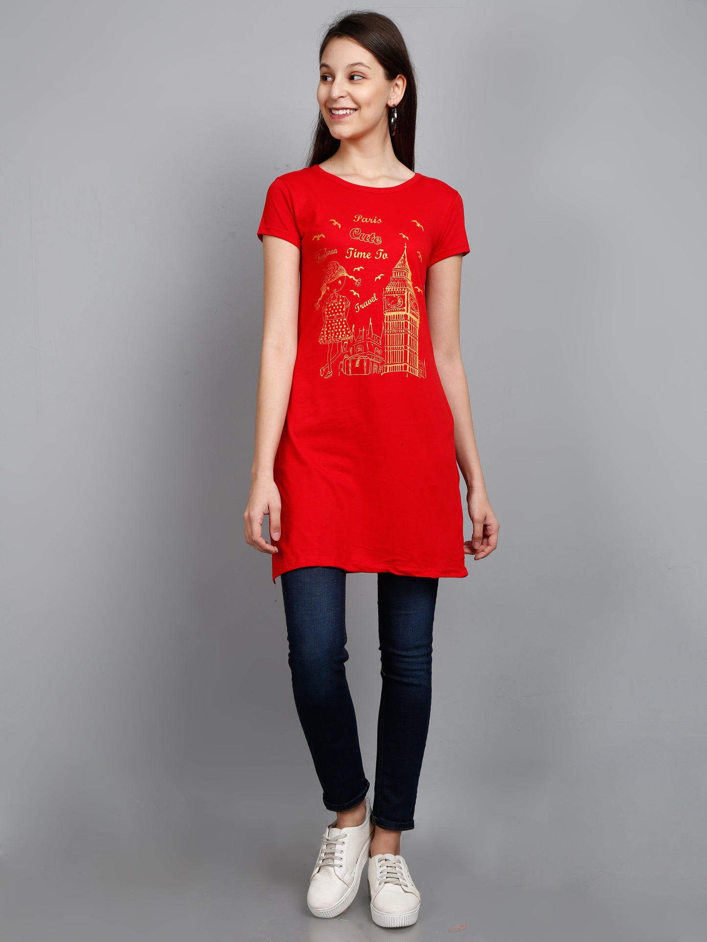 Women's Cotton Round Neck Red Color Long Top Chest Printed with Side Cut