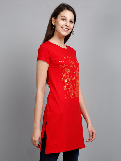 Women's Cotton Round Neck Red Color Long Top Chest Printed with Side Cut