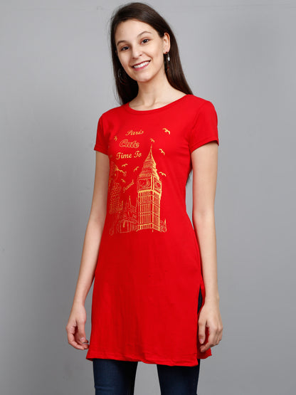 Women's Cotton Round Neck Long Top Chest Printed with Side Cut