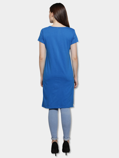 Women's Cotton Round Neck Long Top Chest Printed with Side Cut