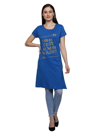 Women's Cotton Round Neck Long Top Chest Printed with Side Cut