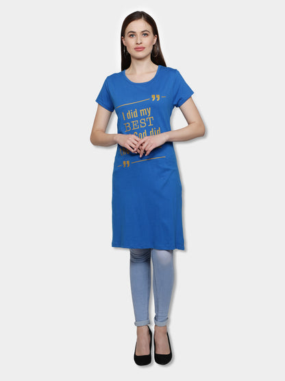 Women's Cotton Round Neck Long Top Chest Printed with Side Cut