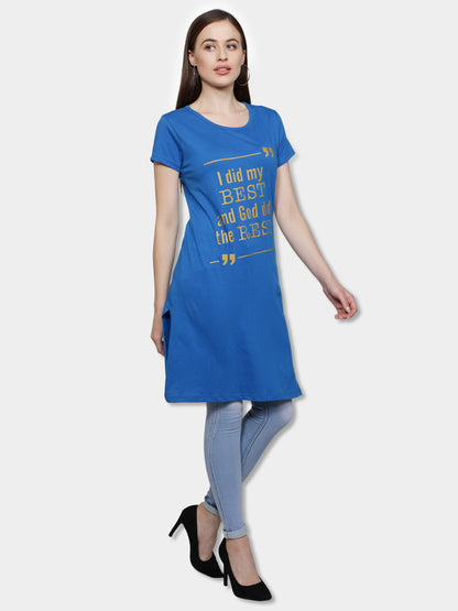 Women's Cotton Round Neck Long Top Chest Printed with Side Cut
