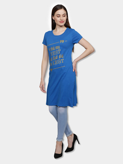 Women's Cotton Round Neck Long Top Chest Printed with Side Cut