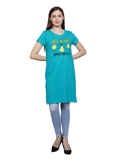 Women's Cotton Round Neck Long Top Chest Printed with Side Cut