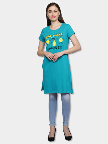 Women's Cotton Round Neck Long Top Chest Printed with Side Cut