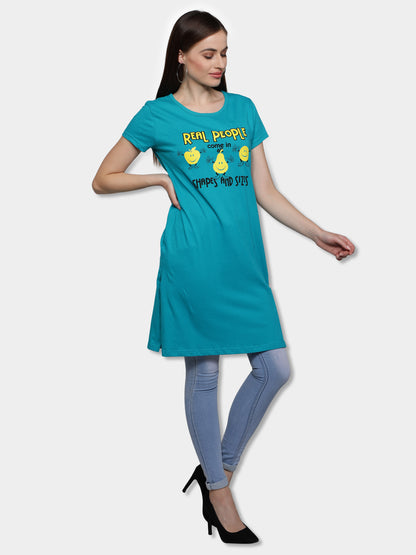 Women's Cotton Round Neck Long Top Chest Printed with Side Cut
