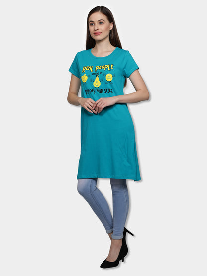 Women's Cotton Round Neck Long Top Chest Printed with Side Cut