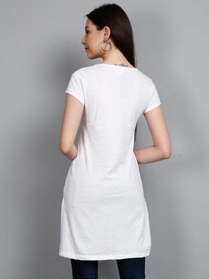 Women's Cotton Round Neck White Color Long Top Chest Printed with Side Cut