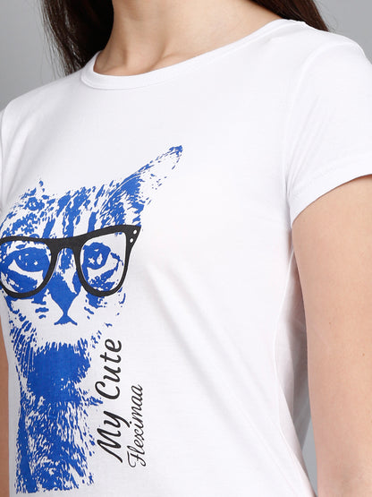Women's Cotton Round Neck White Color Long Top Chest Printed with Side Cut