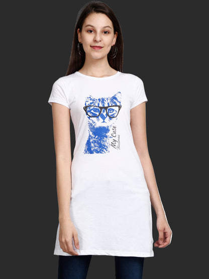 Women's Cotton Round Neck White Color Long Top Chest Printed with Side Cut