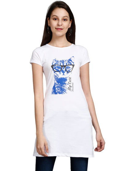 Women's Cotton Round Neck Long Top Chest Printed with Side Cut