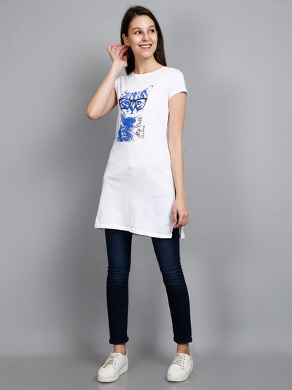 Women's Cotton Round Neck Long Top Chest Printed with Side Cut