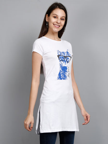 Women's Cotton Round Neck White Color Long Top Chest Printed with Side Cut