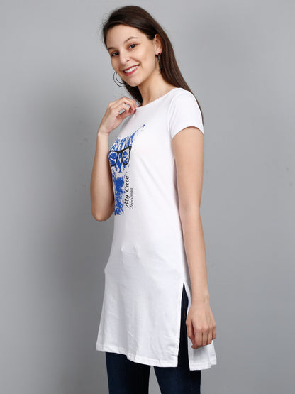 Women's Cotton Round Neck White Color Long Top Chest Printed with Side Cut