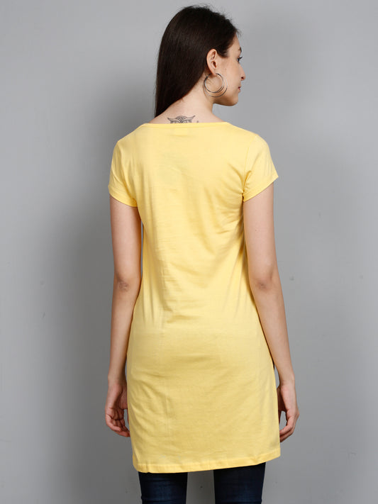 Women's Cotton Round Neck Chest Printed Yellow Color Long Top