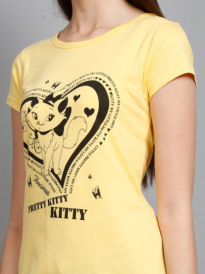 Women's Cotton Round Neck Chest Printed Yellow Color Long Top