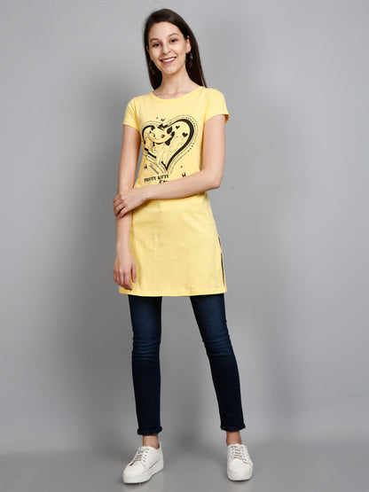 Women's Cotton Round Neck Chest Printed Yellow Color Long Top