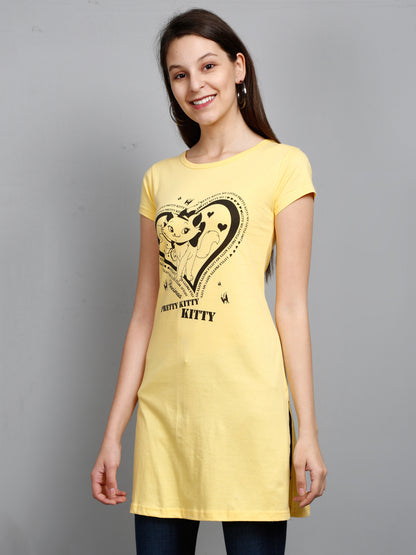 Women's Cotton Round Neck Chest Printed Yellow Color Long Top