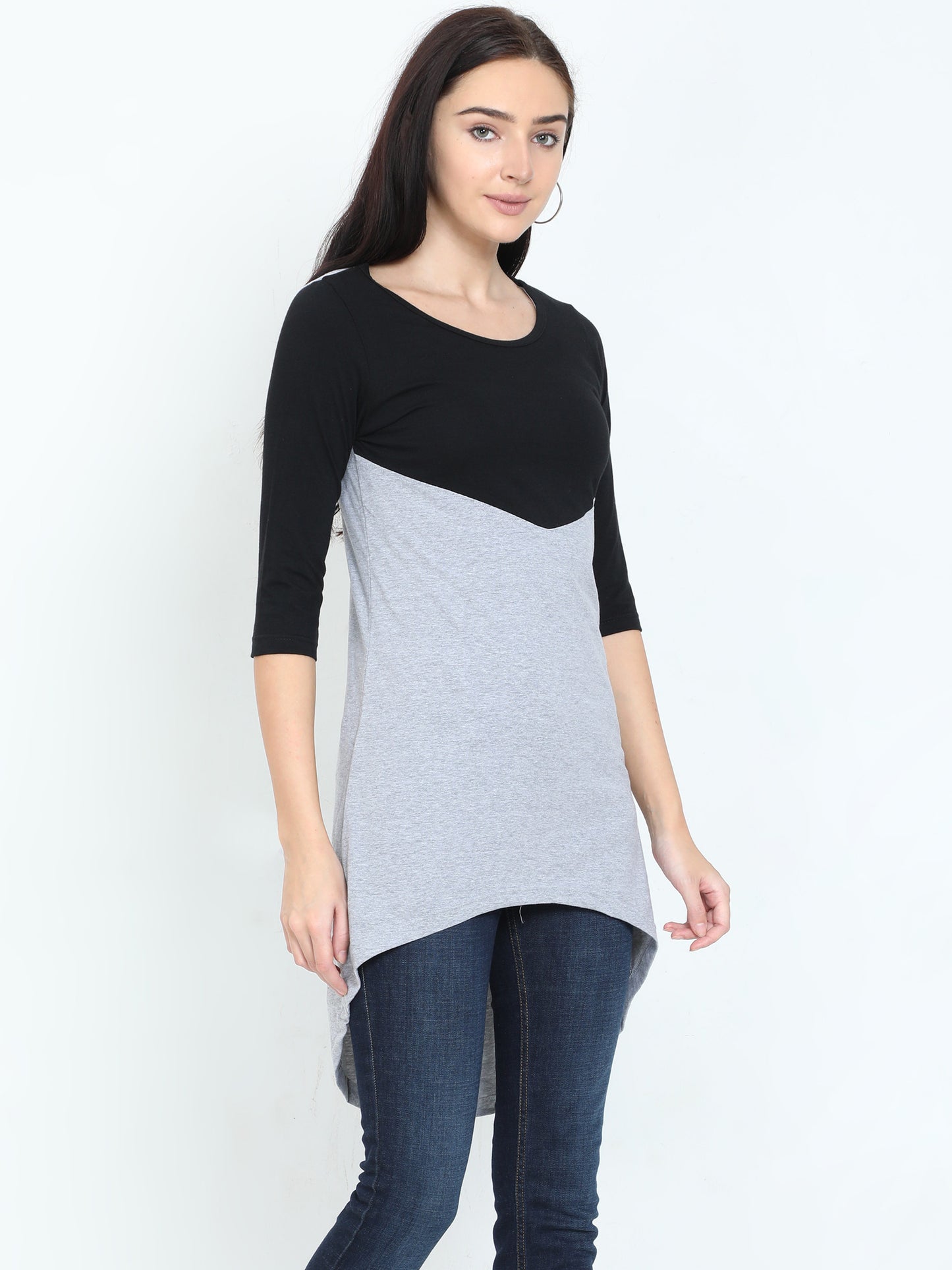 Women's Oval Shape Color Block BlackGrey Color Long Top