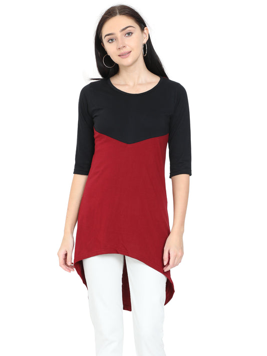 Women's Oval Shape Color Block BlackMaroon Color Long Top