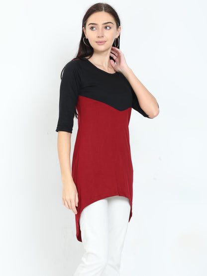 Women's Oval Shape Color Block BlackMaroon Color Long Top