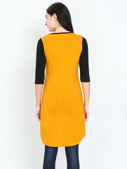 Women's Oval Shape Color Block BlackMustard Color Long Top