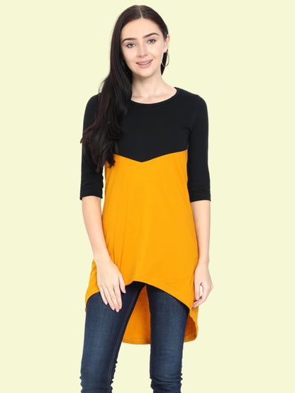 Women's Oval Shape Color Block BlackMustard Color Long Top