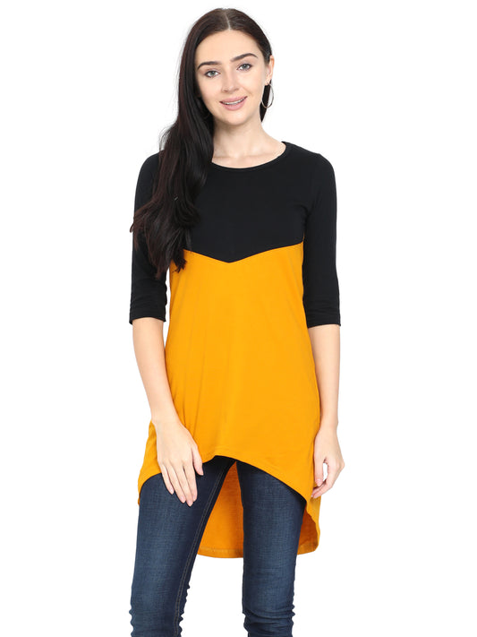 Women's Oval Shape Color Block BlackMustard Color Long Top