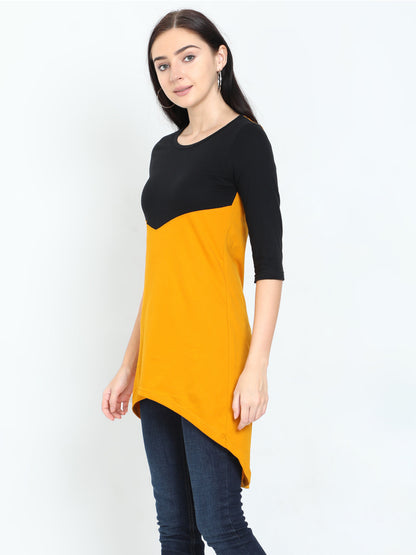 Women's Oval Shape Color Block BlackMustard Color Long Top