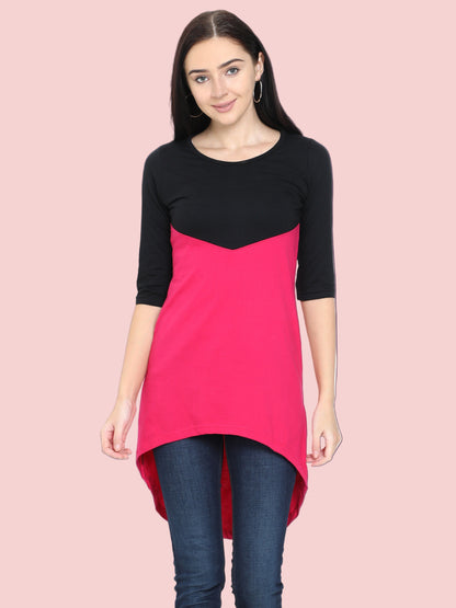 Women's Oval Shape Color Block BlackPink Color Long Top