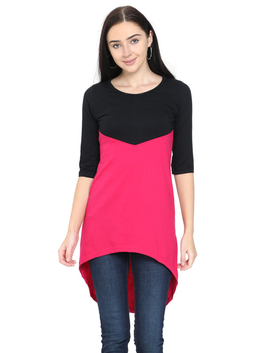 Women's Oval Shape Color Block BlackPink Color Long Top