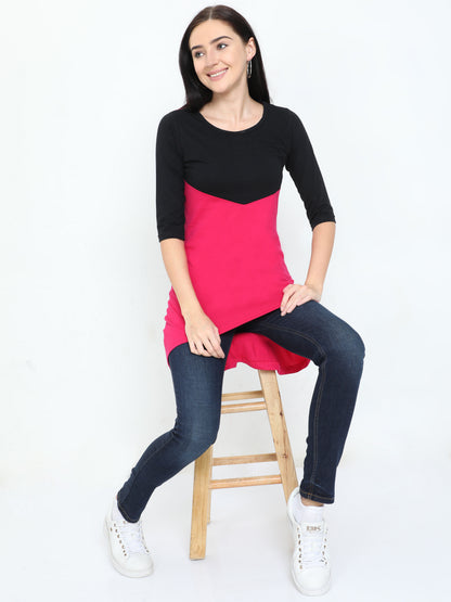 Women's Oval Shape Color Block BlackPink Color Long Top