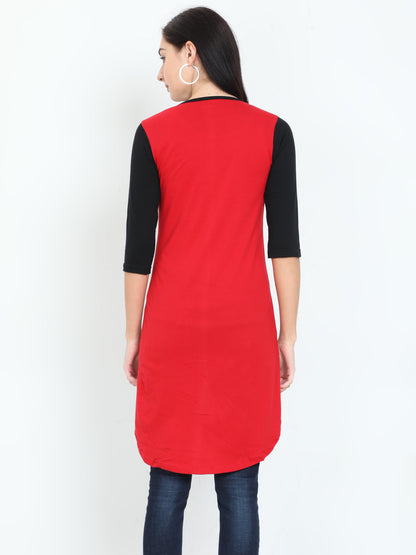 Women's Oval Shape Color Block BlackRed Color Long Top