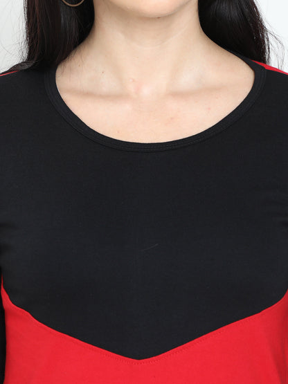 Women's Oval Shape Color Block BlackRed Color Long Top