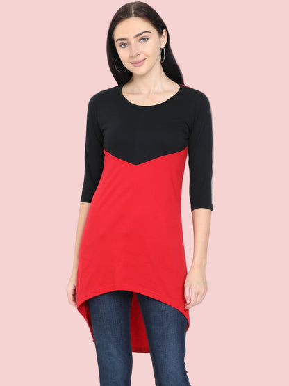 Women's Oval Shape Color Block BlackRed Color Long Top