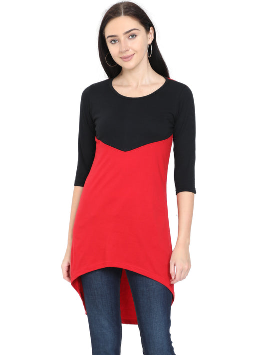 Women's Oval Shape Color Block BlackRed Color Long Top