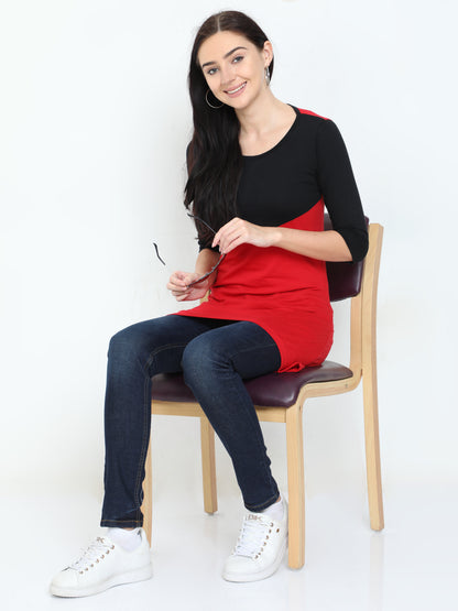 Women's Oval Shape Color Block BlackRed Color Long Top