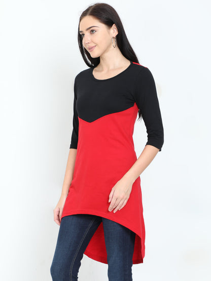 Women's Oval Shape Color Block BlackRed Color Long Top