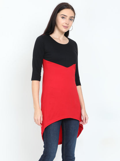 Women's Oval Shape Color Block BlackRed Color Long Top