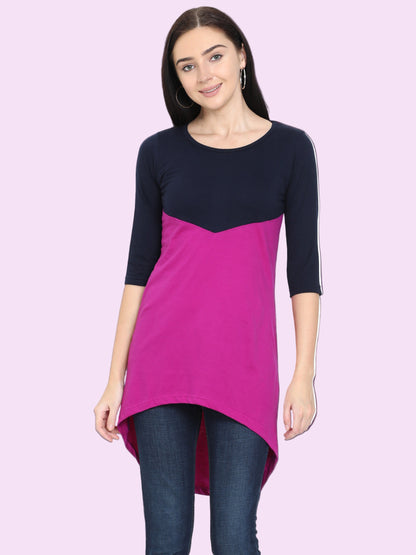 Women's Oval Shape Color Block NavyMagenta Color Long Top
