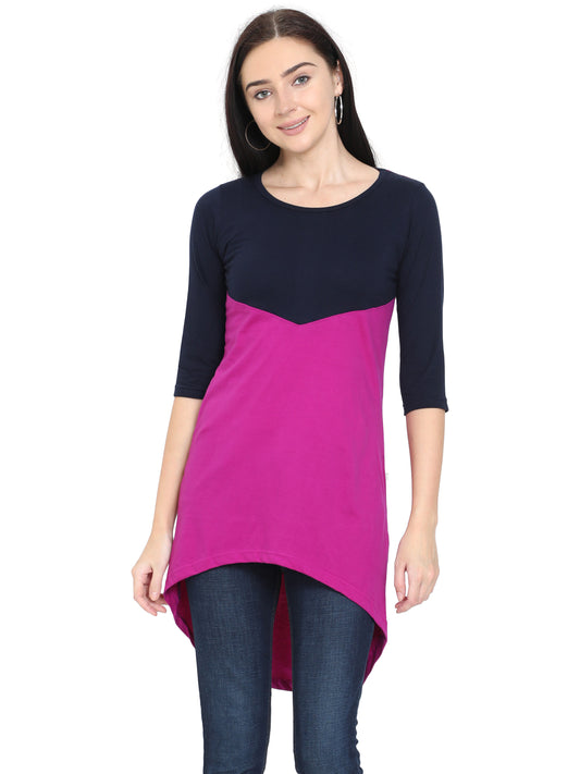 Women's Oval Shape Color Block NavyMagenta Color Long Top