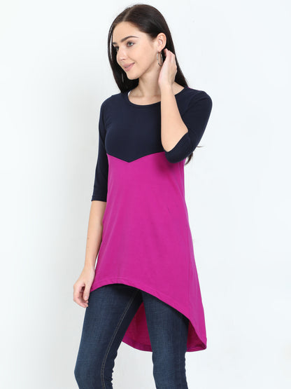 Women's Oval Shape Color Block NavyMagenta Color Long Top