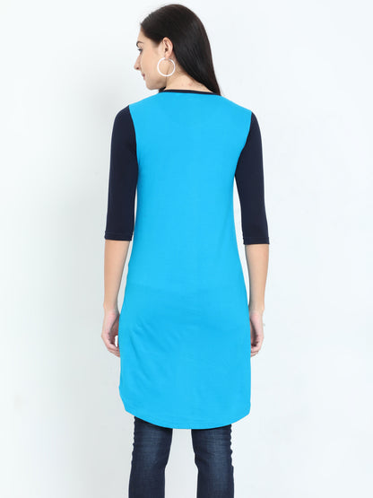 Women's Oval Shape Color Block NavyTurquoise Color Long Top