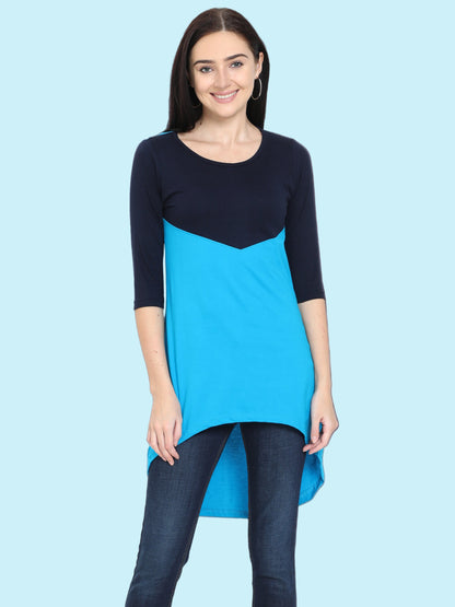Women's Oval Shape Color Block NavyTurquoise Color Long Top
