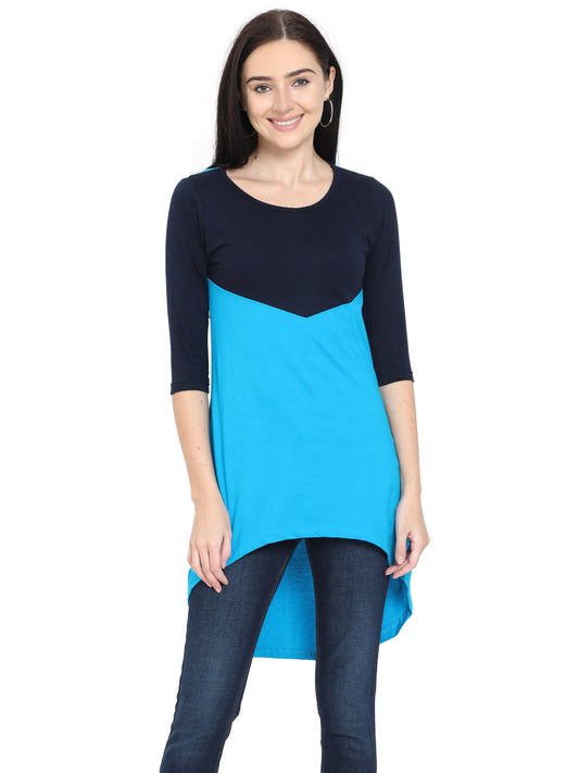 Women's Oval Shape Color Block NavyTurquoise Color Long Top