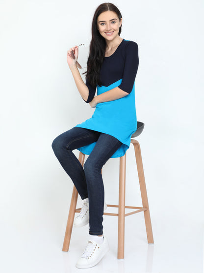 Women's Oval Shape Color Block NavyTurquoise Color Long Top