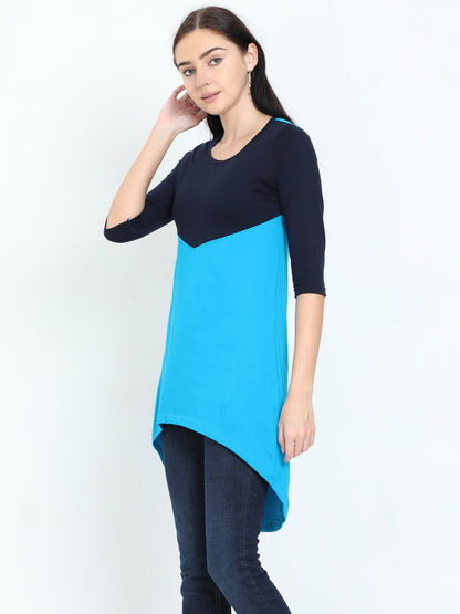 Women's Oval Shape Color Block NavyTurquoise Color Long Top