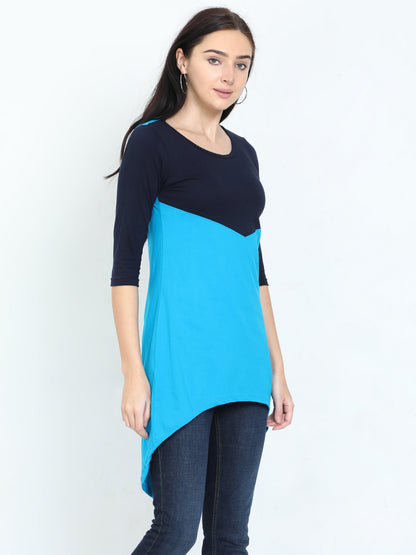 Women's Oval Shape Color Block NavyTurquoise Color Long Top